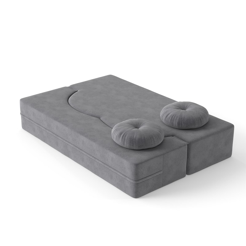 Modern Floor Sofa with 2 Pillows,Convertible Plush Corduroy Foam-Filled Sleeper Sofa Bed