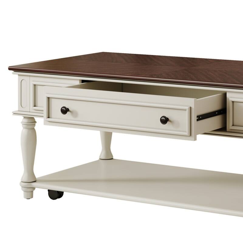 Farmhouse 47.2" Coffee Table with Drawer, Retro Design Easy Assembly and Movable Lockable Wheels for Living Room