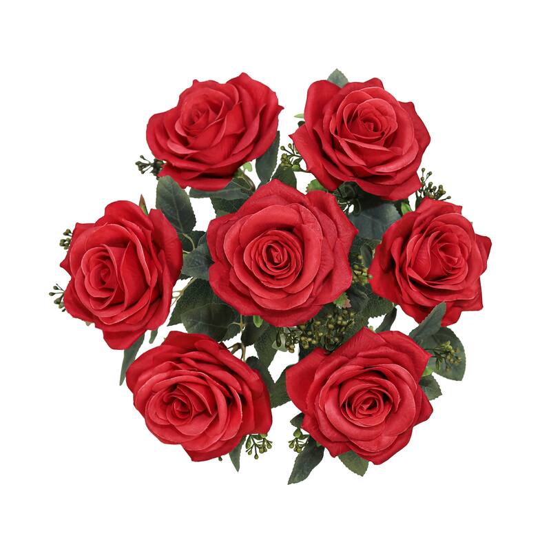 Set of 2 Red Artificial Queen Tea Rose Flower Stem Bush Bouquet 17in - 17" L x 9" W x 9" DP