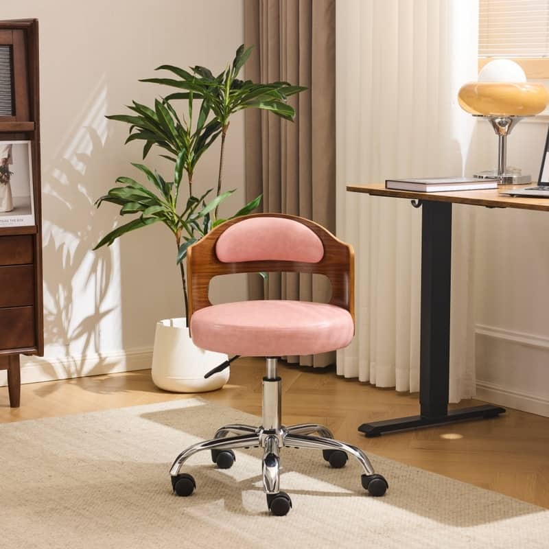 Ring-Shaped Wooden Back Office Chair With Foot Spikes And Wheels