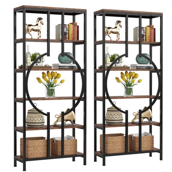 slide 2 of 25, 70.9"H x 27.6"W Industrial Geometric Bookcase, 6-Tier Tall Bookshelf, Wood Display Shelf Storage Shelves Vintage Brown(2PCS)