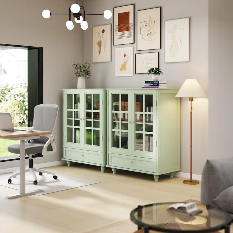 Accent Small Buffet Cabinet with Storage, Buffet Sideboard with Glass Doors and Drawer, Coffee Bar Cabinet with Adjustable Shelf