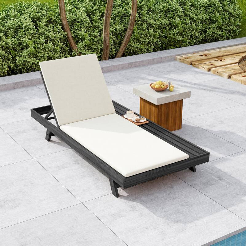 Outdoor Patio Acacia Wood Chaise Lounge Chair with Adjustable Backrest, Side Open Storage and Water-Repellent Cushions