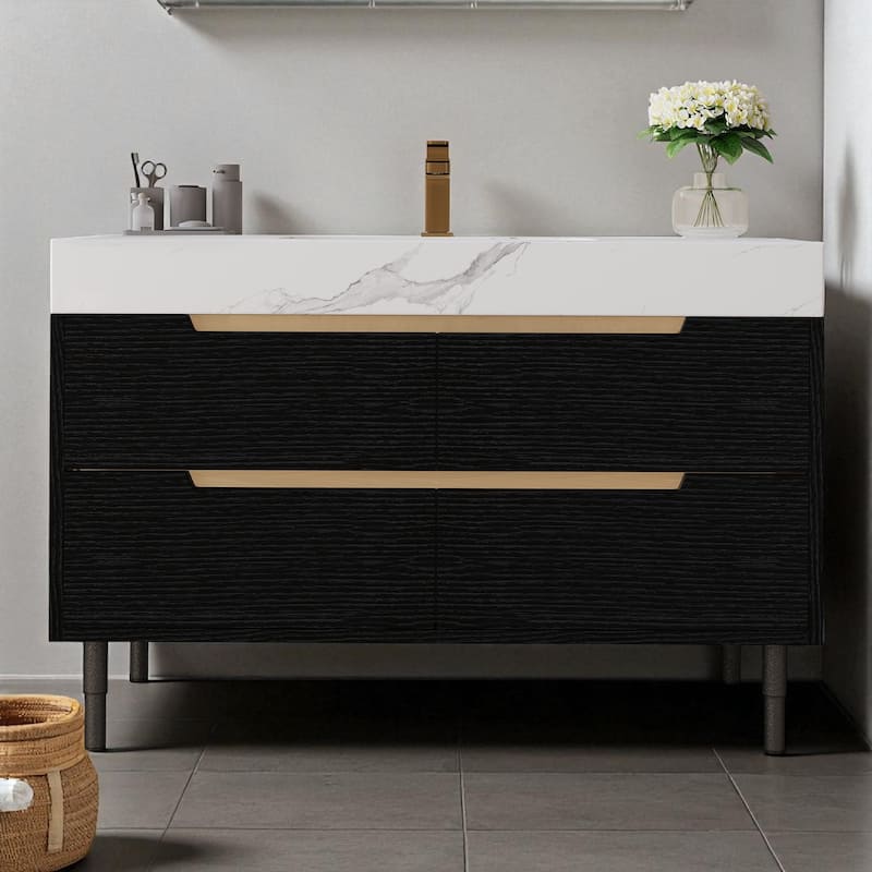 35.4" Modern Bathroom Vanity with Sintered Stone Top, Undermount Sink, 4 Drawers, Freestanding or Wall-Mounted - Black