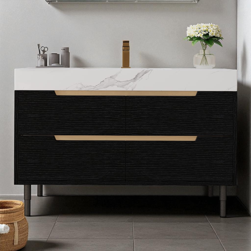 35.4" Modern Bathroom Vanity with Sintered Stone Top, Undermount Sink, 4 Drawers, Freestanding or Wall-Mounted