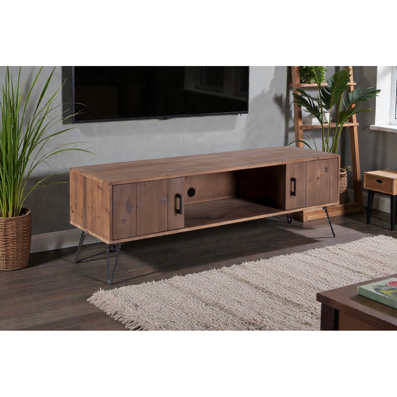 60" Industrial Reclaimed Wood TV Stand, Solid Wood Media Console with 2 Storage Cabinets for Living Room