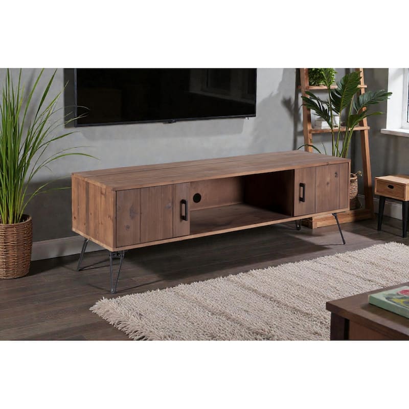 60" Industrial Reclaimed Wood TV Stand, Solid Wood Media Console with 2 Storage Cabinets for Living Room - Natural
