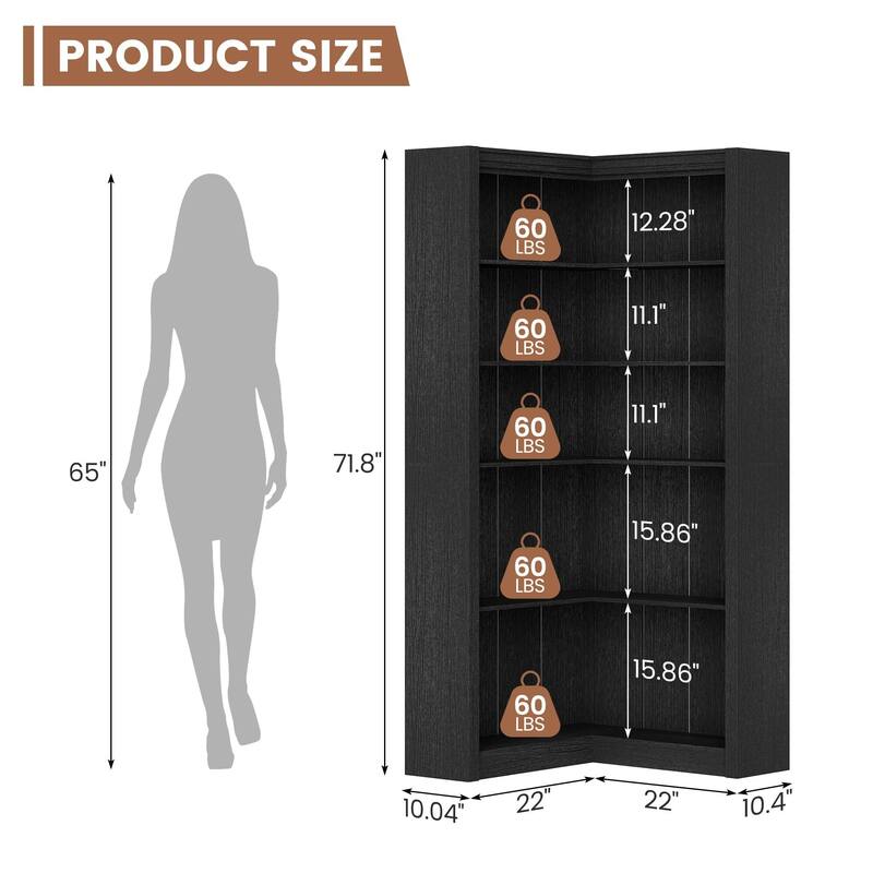 71.8" Tall Corner Bookshelf, 5-Tier L-Shaped Corner Bookcase, Modern Industrial Wood Display Storage Shelves for Living Room
