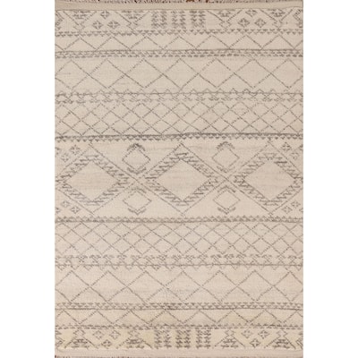 Ivory Geometric Moroccan Indian Area Rug Hand-knotted Wool Carpet - 4'1"x 6'0"