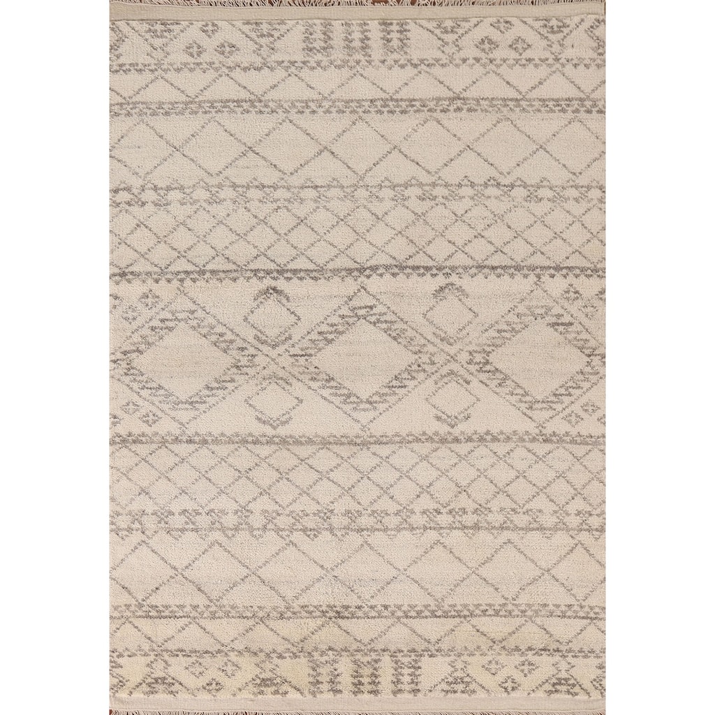 Ivory Geometric Moroccan Indian Area Rug Hand-knotted Wool Carpet - 4'1"x 6'0"