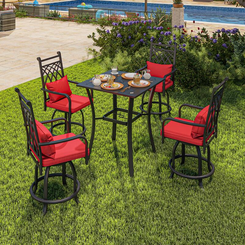 4-Person Patio Dining Set with Red Cushion - Black