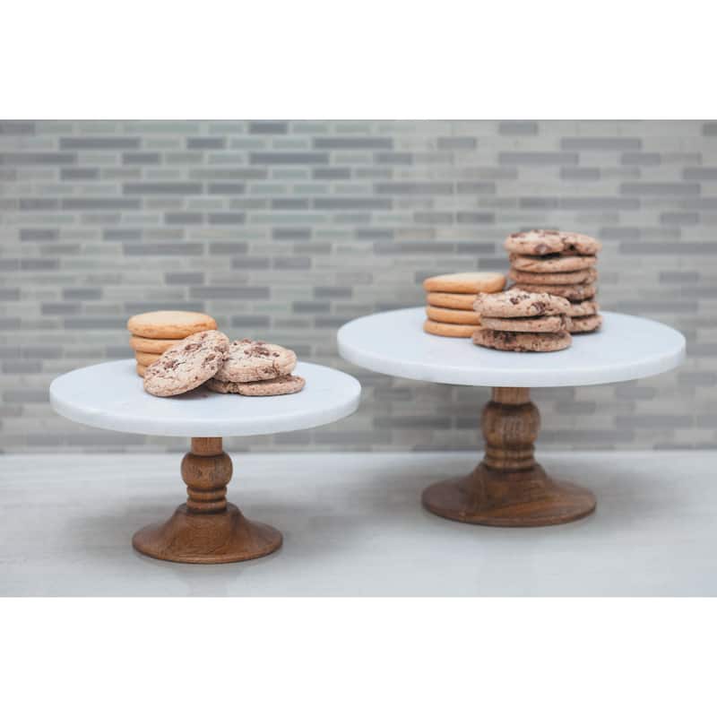 Mango Wood Cake Stand with Wood Base - White - Roche River Decor
