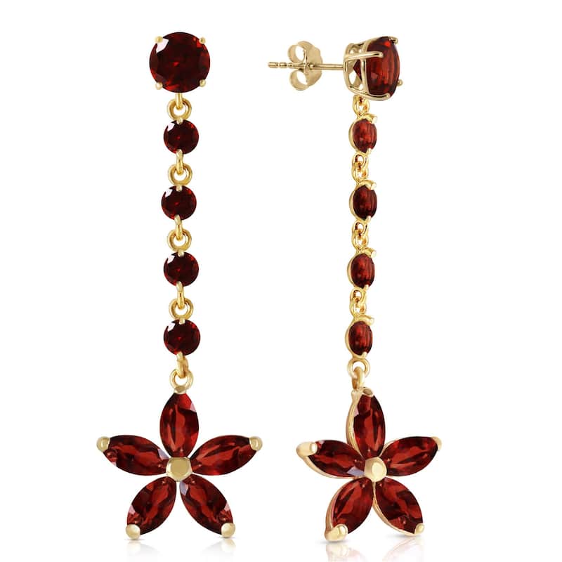 14K Solid Gold Chandelier Flower Garnet Natural Gemstone Earrings - Yellow