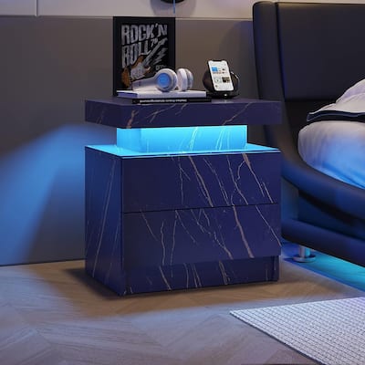 Nightstand LED Bedside Table Cabinet Lights Modern End Side with 2 Drawers for Bedroom (Blue Gold)
