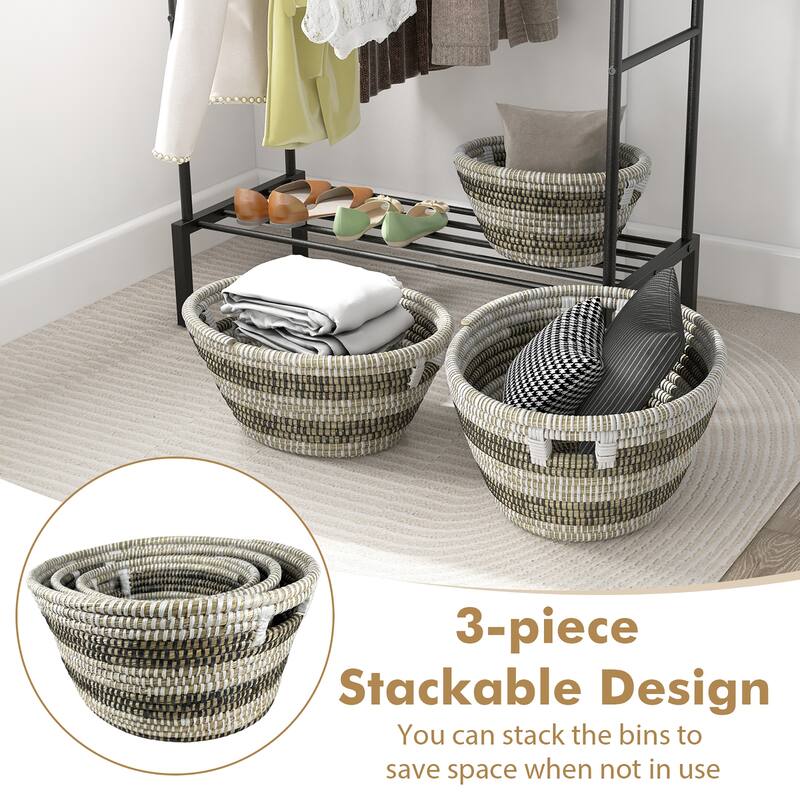Gymax Natural Canes Grass Baskets Stackable Storage Bins Set of 3 w/