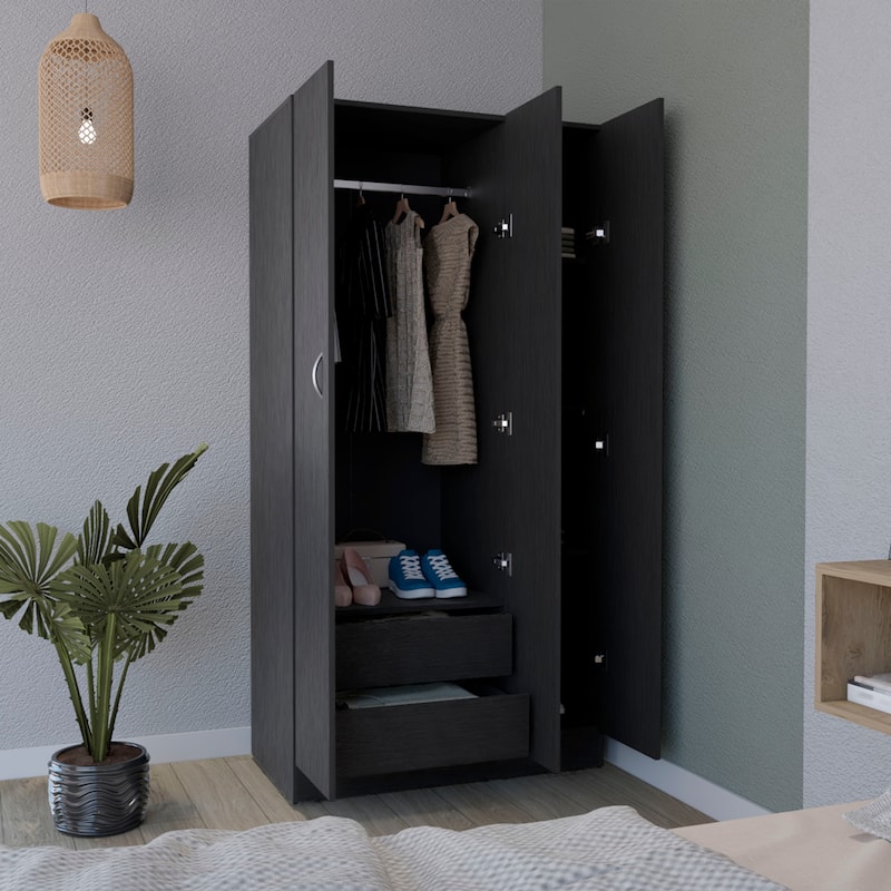 35.4" Modern Three-door Armoire with 2 Drawers and 4-Tier Shelves for Bedroom
