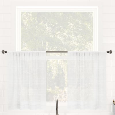 Clean Window Textured Slub Stripe Anti-Dust Linen Blend Sheer Cafe Curtain Pair