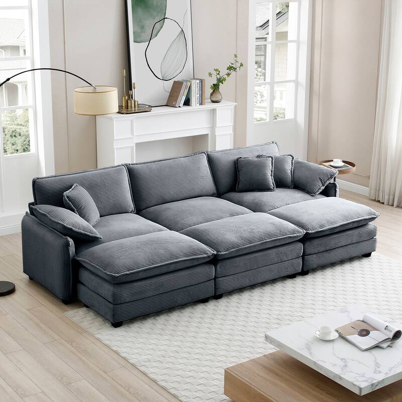 3-seater Corduroy Modular Sectional Sofa Set with Ottomans