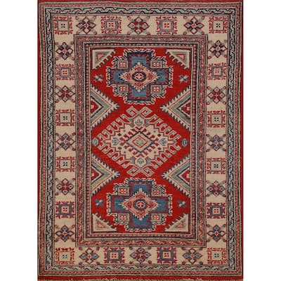 Geometric Kazak Foyer Rug Hand-Knotted Red Wool Carpet - 2'8"x 3'10"
