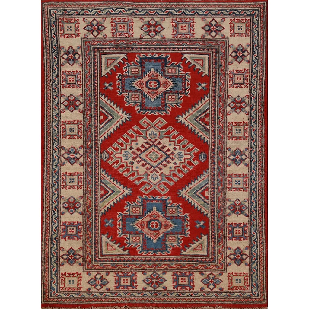 Geometric Kazak Foyer Rug Hand-Knotted Red Wool Carpet - 2'8"x 3'10"