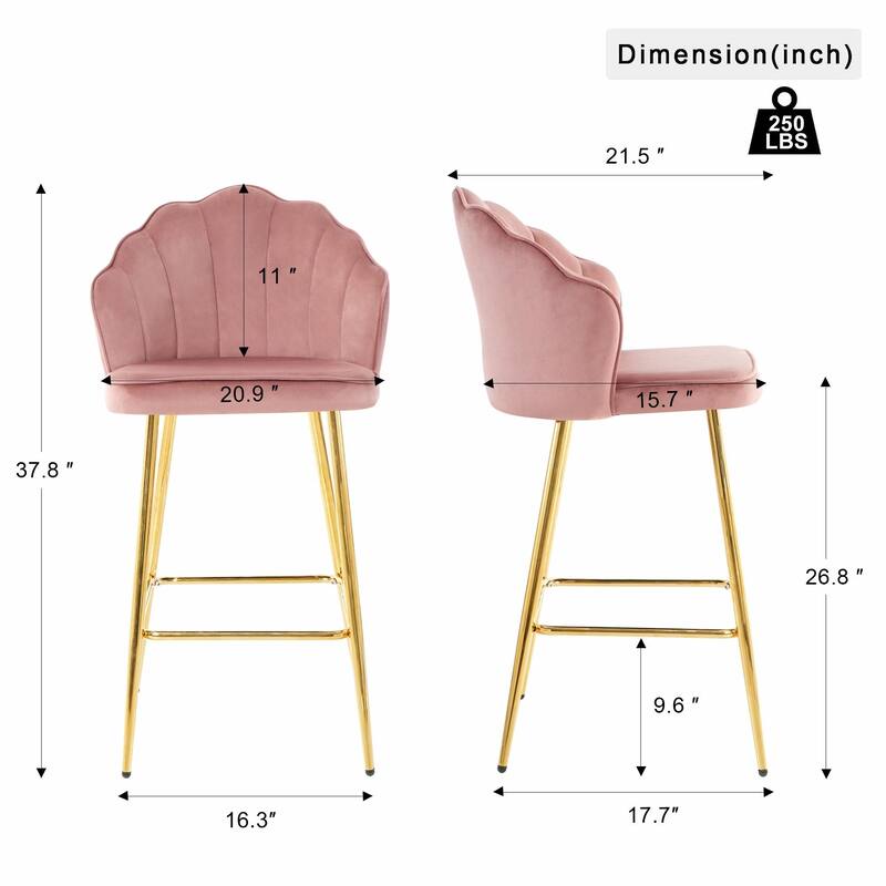 Set of 2 Velvet Shell Bar Chairs with Gold-Plated Metal Legs