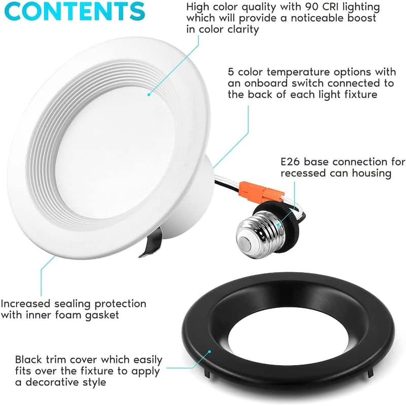 Luxrite 4" LED Recessed Can Lights 10W=60W 5 Color Selectable Dimmable Retrofit Downlights Wet Rated Black Trim IC Rated