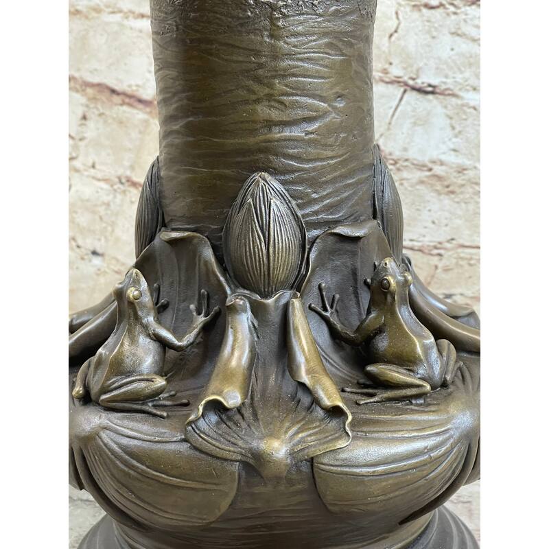 Bronze Metal Vase W/ Frogs On Lilly Pads Handmade Sculpture Signed Jean Bunand