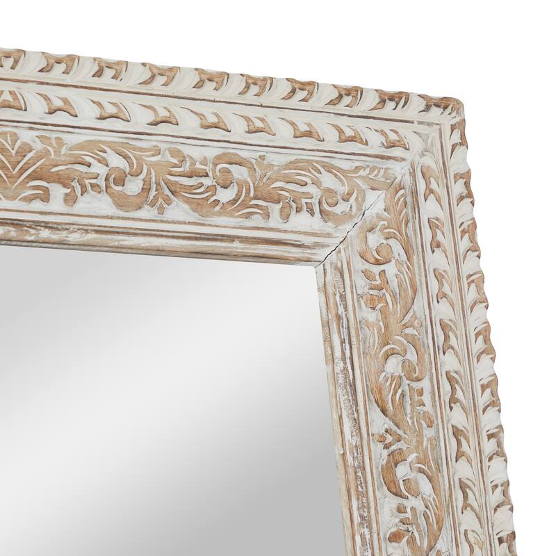 White Mango Wood Vine Scroll Room Wall Mirror with Brown Carved Detail