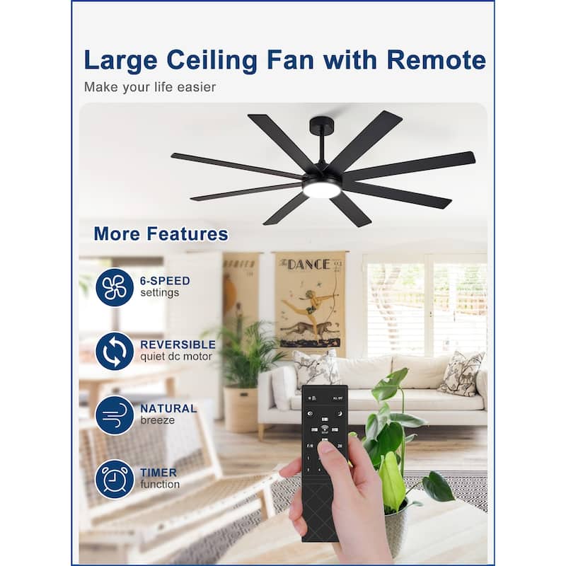 Large Ceiling Fan with Light - 8-Blade, Remote App Control, Dimmable 3CCT, Quiet DC Motor​, 66/72 Inches