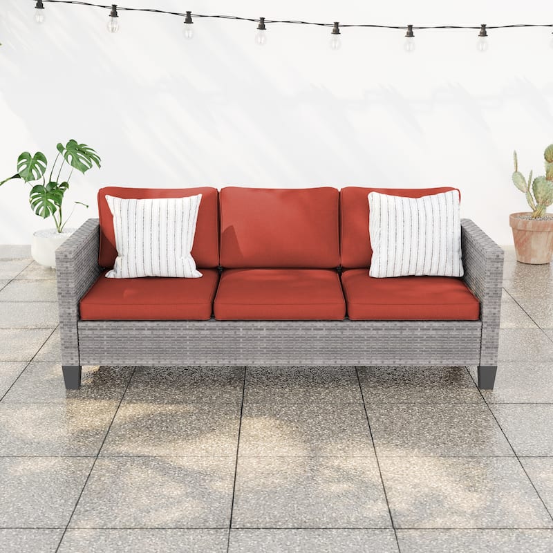 BONOSUKI Patio Outdoor Couch,3-Seater Furniture with Removable Cushion - Grey/Orange Red