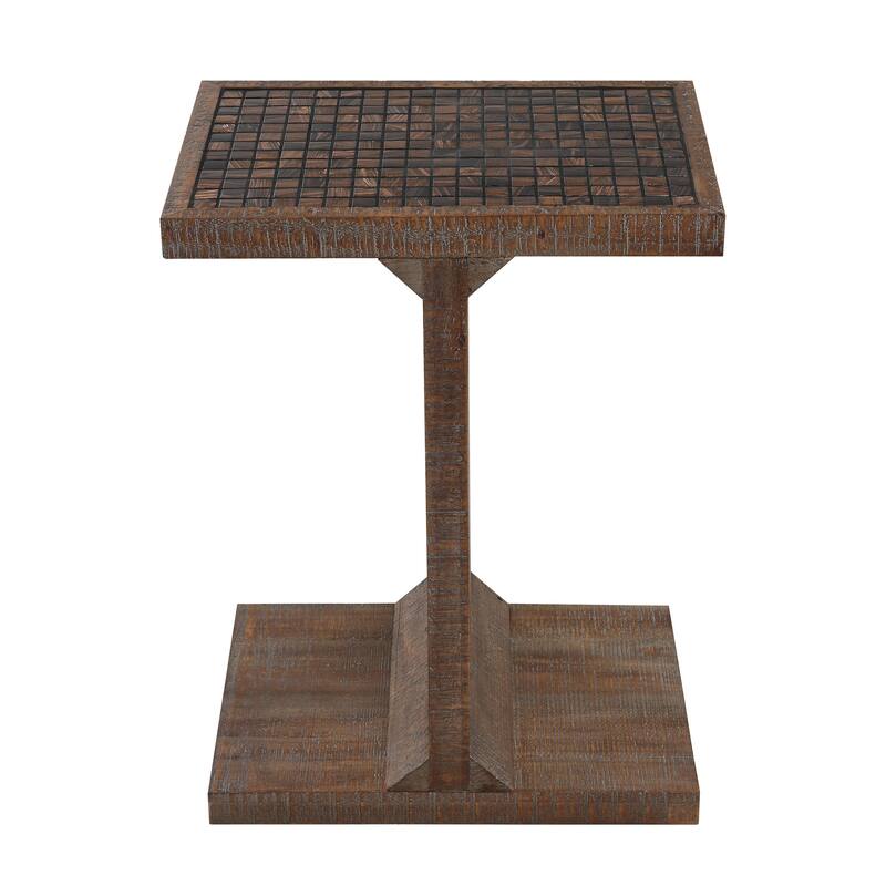 COZAYH Transitional Wood End Table with Glass Tile Checkerboard Top, Retro-Inspired Nightstand with I-Base and Weathered Finish