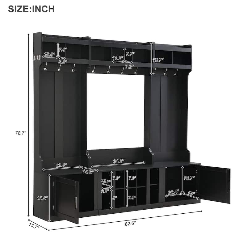 Wide Design Hall Tree with Storage and Bench, 4-IN-1 Multi-functional Entryway Bench with Coat Rack and Shoe Cubbies