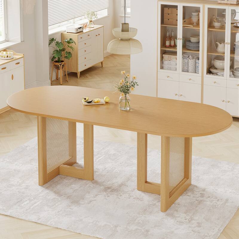 79" Dovelina Oval Dining Table with Rattan Double Pedestal for 8 People - Oak