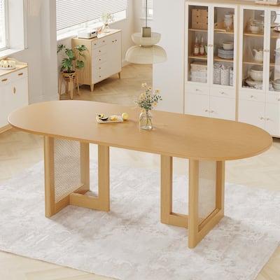 79" Dovelina Oval Dining Table with Rattan Double Pedestal for 8 People