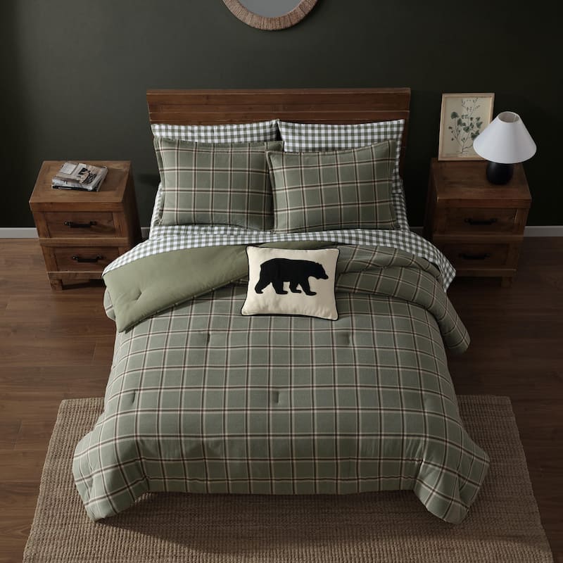 Eddie Bauer Alpine Plaid Cotton Flannel Green Comforter Set
