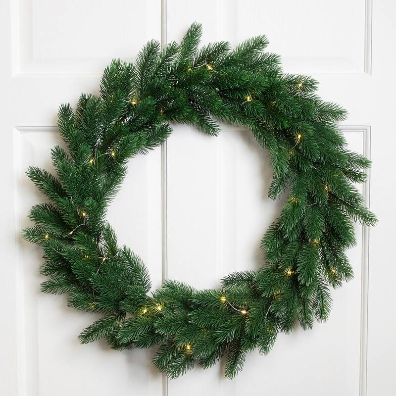 Pre-Lit Battery Operated Lush Pine Artificial Christmas Wreath - 24" - Clear Lights