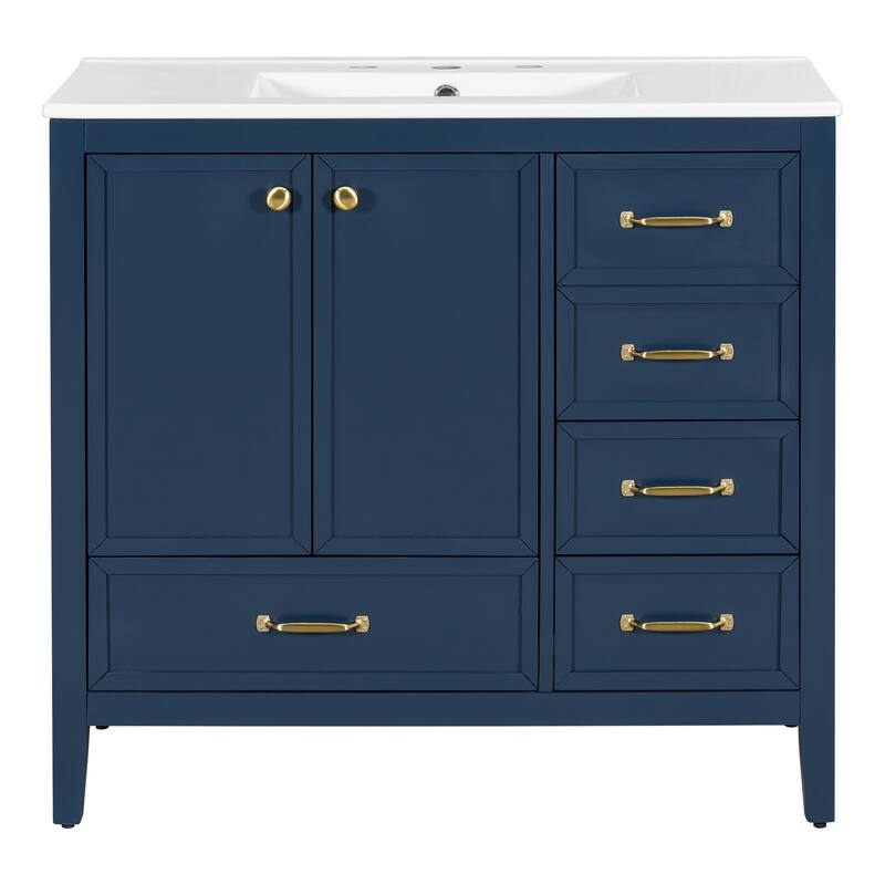 36" Bathroom Vanity with Ceramic Sink Freestanding Bathroom Storage Cabinet with Soft-Closing Door and 4 Drawers