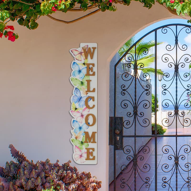 Glitzhome 42"H Solid Wood WELCOME Porch Sign with Bee or Butterfly Outdoor Decor
