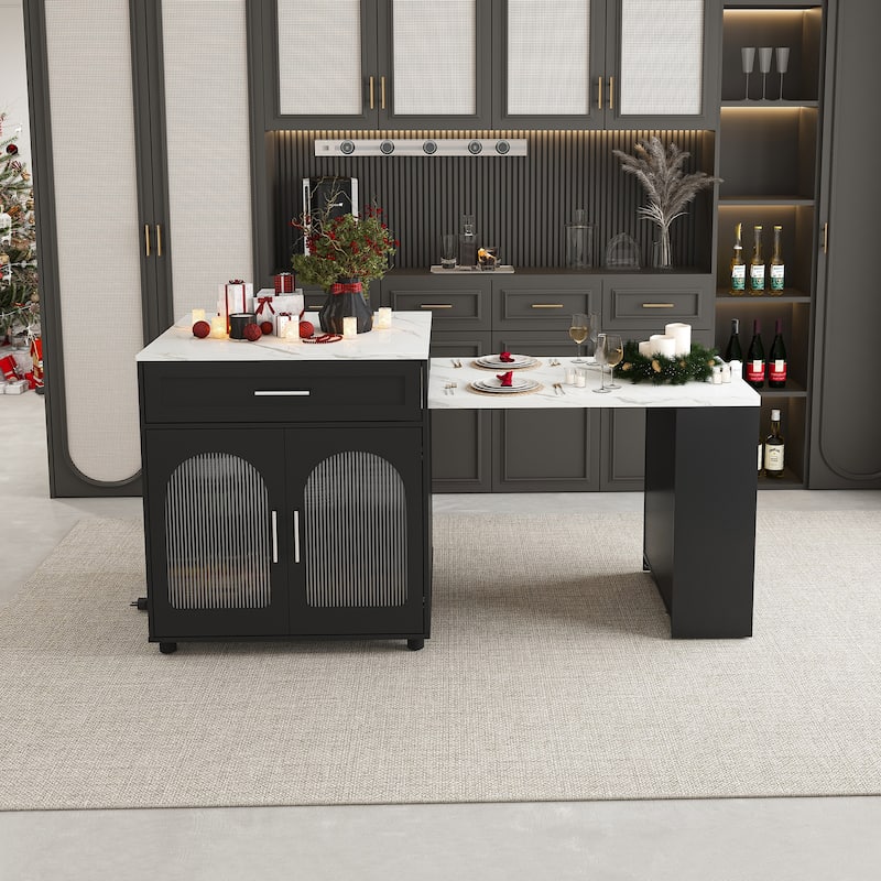80" Expandable Kitchen Island with Dining Table with Marble-Grain Countertop with Power Outlet