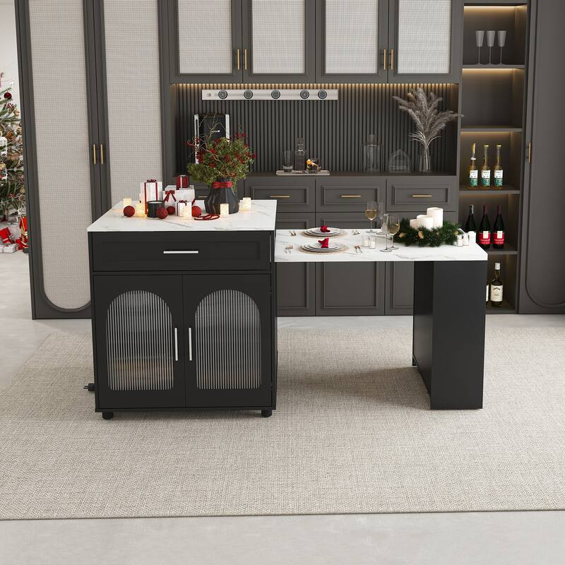 Kitchen Island with Expandable Dining Table, Mobile Kitchen Storage Cart on Locking Wheels, Kitchen Prep Table with Power Outlet