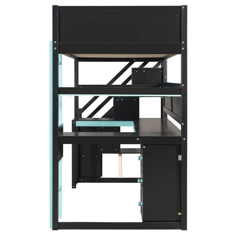 Gaming Loft Bed with Recessed Table Cabinet Pegboard Storage Stairs