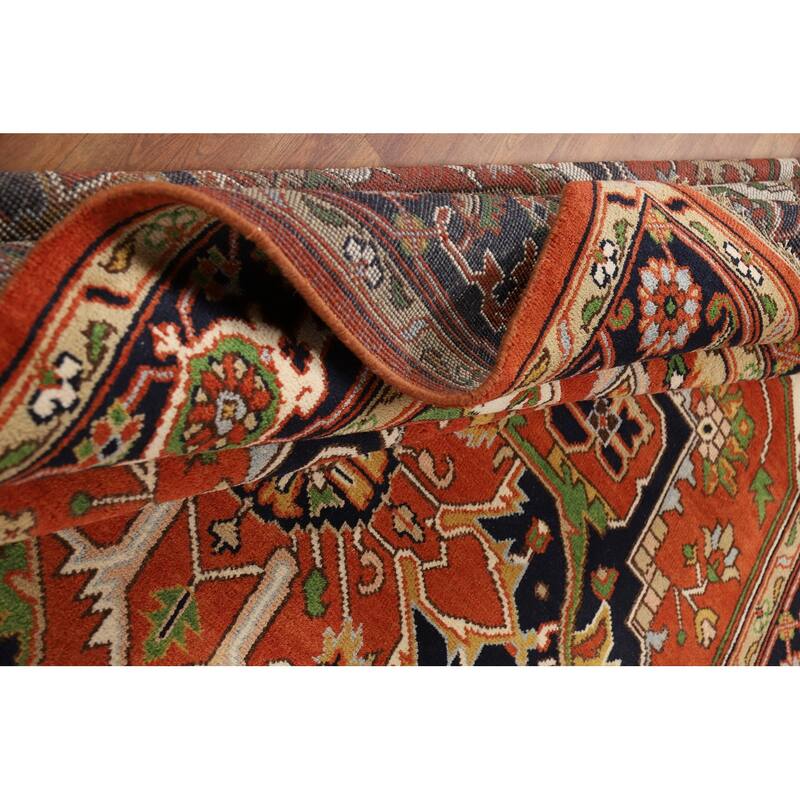 Medallion Heriz Serapi Indian Rug Hand-Knotted Orange Wool Carpet - 8'10"x 11'11"