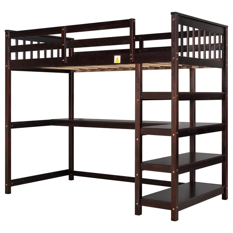 Full Size Loft Bed with Built-in Desk and Storage Shelves, White