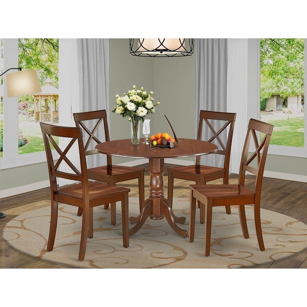 Round 42 Inch Table and Wood Seat Chairs Kitchen Set in Mahogany Finish