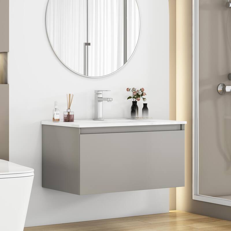 Wall-Mounted Bathroom Vanity, Floating Single Drawer Cabinet, 32 Inch Integrated Ceramic Sink