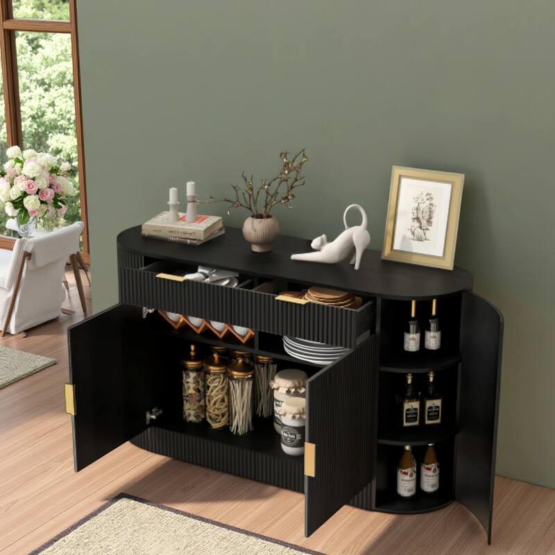 Striped 2 Doors & 2 DrawersConsole Table, Multifunctional Console StorageTable with Curved Side Door & 3-Tier Shelves