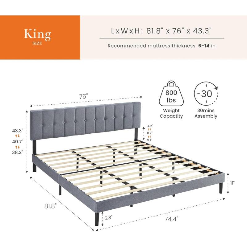 Queen Size Platform Bed Frame with Fabric Upholstered Headboard and Wooden Slats Support, No Box Spring Needed/Easy Assembly