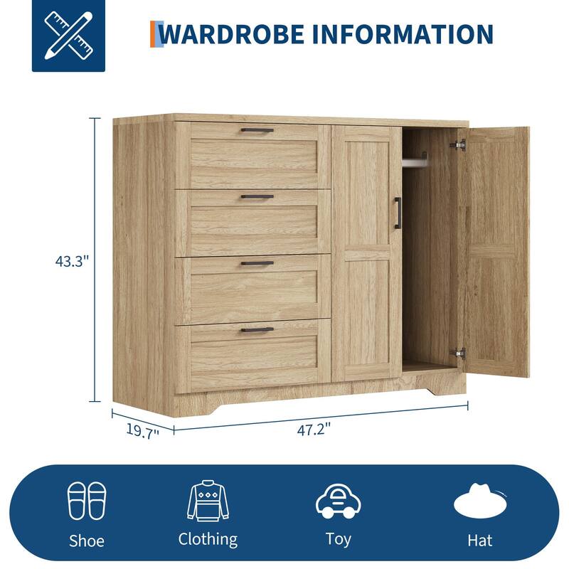 43.3" Armoire Wardrobe Closet with 4 Drawers & 2 Doors, Hanging Rod, Compact Wooden Storage Cabinet for Bedroom