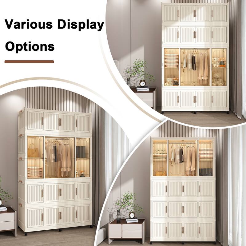 Portable Wardrobe Closet Organizer with 17 Magnetic Doors, 17 Cubes, Hanging Rod & 6 Hangers, Plastic Clothes Storage Cabinet