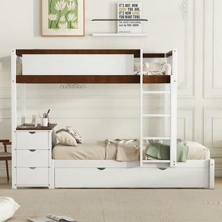 Modern Style Twin over Twin Bunk Bed with Twin size Trundle, Storage and Desk, Outlets with USB, Maximized Space, White+Walnut
